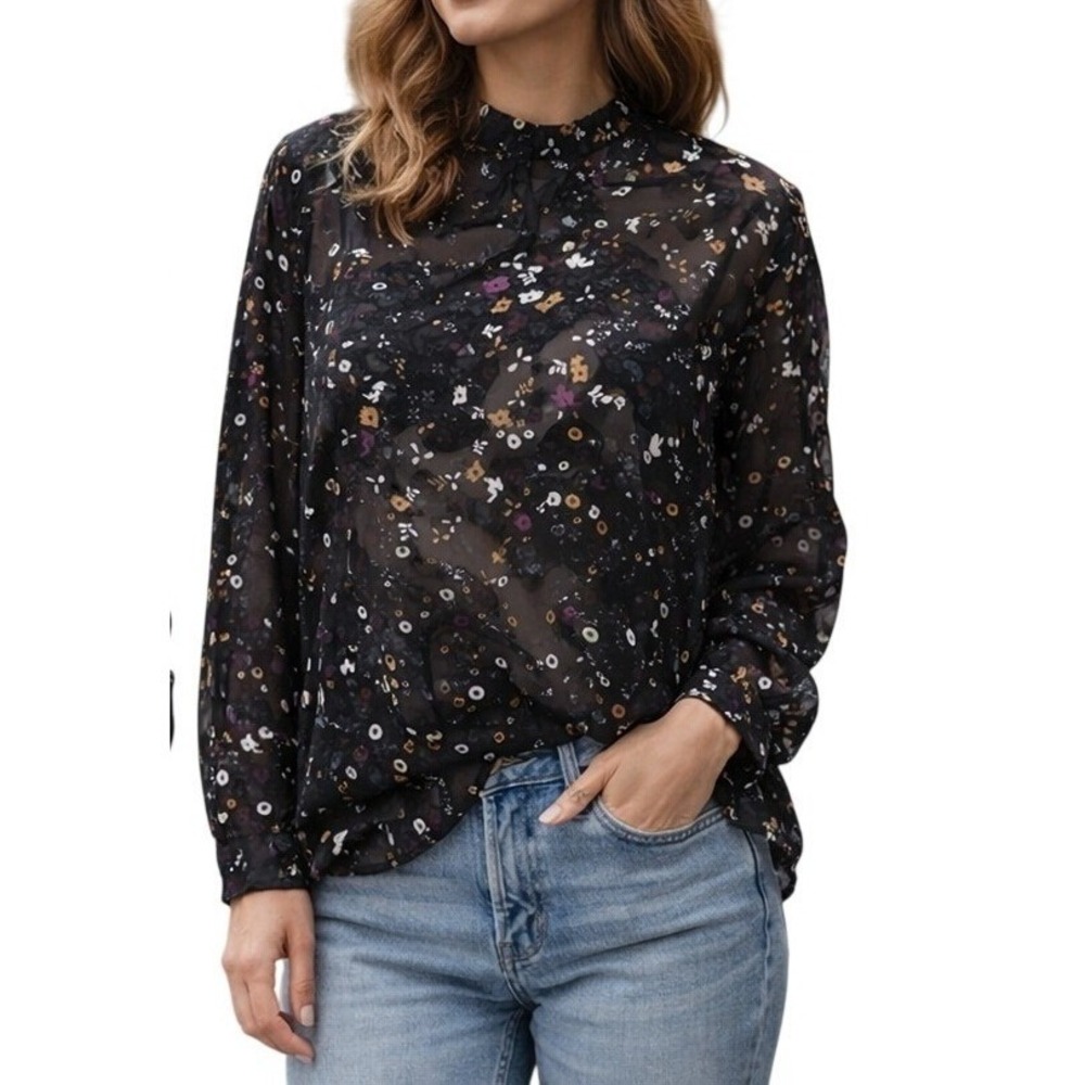 Club Monaco Black Floral Sheer‎ Mock Neck Long Sleeve Blouse Size S/P Relaxed